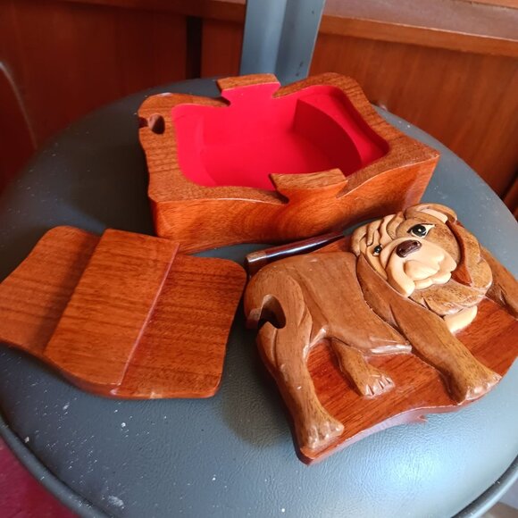 Hand-Carved Wooden Bulldog Puzzle Trinket Jewelry Box Hidden Compartment Hawaii - Picture 6 of 10